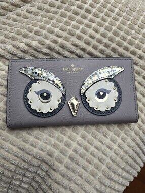KATE SPADE Star Bright Cityscape Gray Owl Applique Leather Bifold Wallet Medium